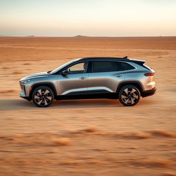 A luxurious, large electric SUV driving on a vast, open plain