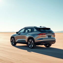 A luxurious, large electric SUV driving on a vast, open plain