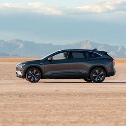 A luxurious, large electric SUV driving on a vast, open plain