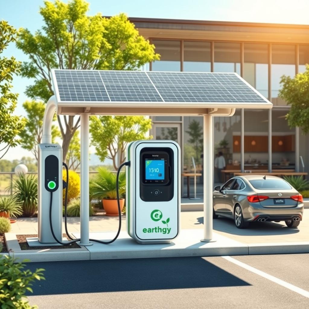 Please create an electric charging station of the brand Earthgy with 8 chargers powered by solar panels on the roof