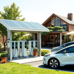 Please create an electric charging station of the brand Earthgy with 8 chargers powered by solar panels on the roof