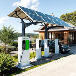 Please create an electric charging station of the brand Earthgy with 8 chargers powered by solar panels on the roof