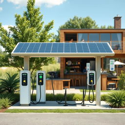 Please create an electric charging station of the brand Earthgy with 8 chargers powered by solar panels on the roof