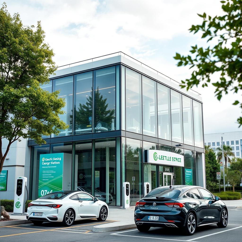 Create an image of an office building with details indicating that the company specializes in electric cars and charging stations