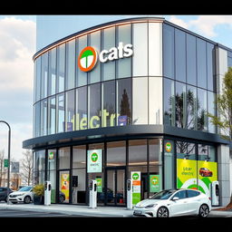 Create an image of an office building with details indicating that the company specializes in electric cars and charging stations