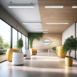 Create an image of the interior of office spaces in a building, showcasing that the company Earthgy is dedicated to electric cars and charging stations