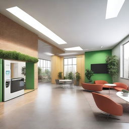 Create an image of the interior of office spaces in a building, showcasing that the company Earthgy is dedicated to electric cars and charging stations