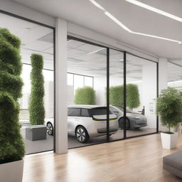 Create an image of the interior of office spaces in a building, showcasing that the company Earthgy is dedicated to electric cars and charging stations