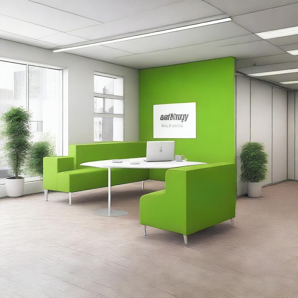 Create an image of the interior of office spaces in a building, featuring details that indicate the company is named Earthgy