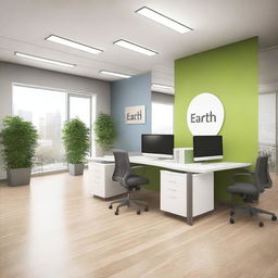 Create an image of the interior of office spaces in a building, featuring details that indicate the company is named Earthgy