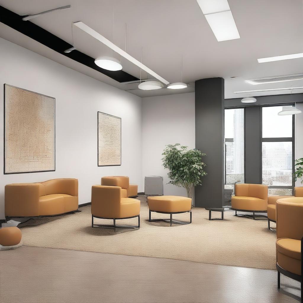 Create an image of the interior of office spaces in a building, featuring details that indicate the company is named Earthgy