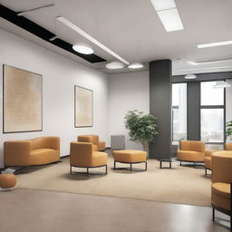 Create an image of the interior of office spaces in a building, featuring details that indicate the company is named Earthgy