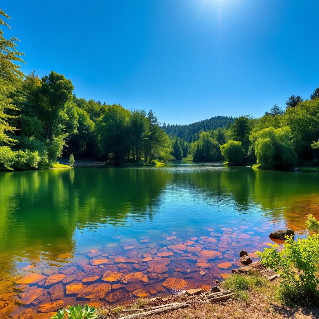 A beautiful landscape featuring a serene lake surrounded by lush green trees, with a clear blue sky and gentle sunlight reflecting off the water