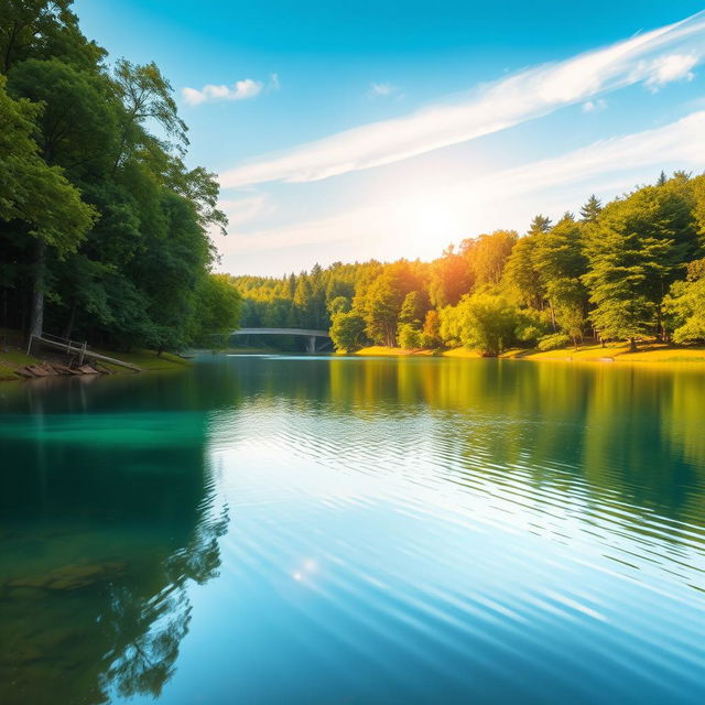 A beautiful landscape featuring a serene lake surrounded by lush green trees, with a clear blue sky and gentle sunlight reflecting off the water