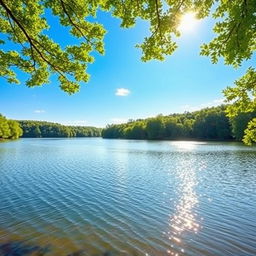 A beautiful landscape featuring a serene lake surrounded by lush green trees, with a clear blue sky and gentle sunlight reflecting off the water