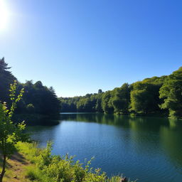 A beautiful landscape featuring a serene lake surrounded by lush green trees, with a clear blue sky and gentle sunlight reflecting off the water