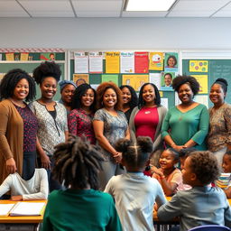 A diverse group of Black teachers standing in a classroom, smiling and engaging with students