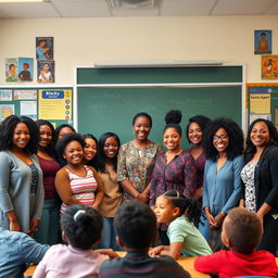 A diverse group of Black teachers standing in a classroom, smiling and engaging with students