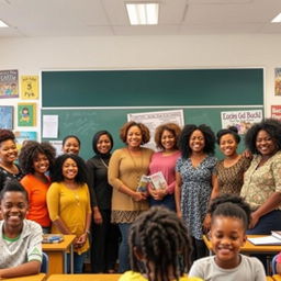 A diverse group of Black teachers standing in a classroom, smiling and engaging with students