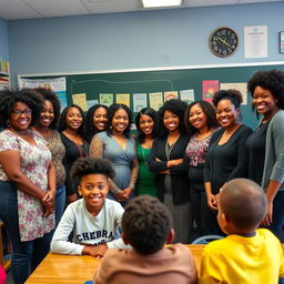 A diverse group of Black teachers standing in a classroom, smiling and engaging with students