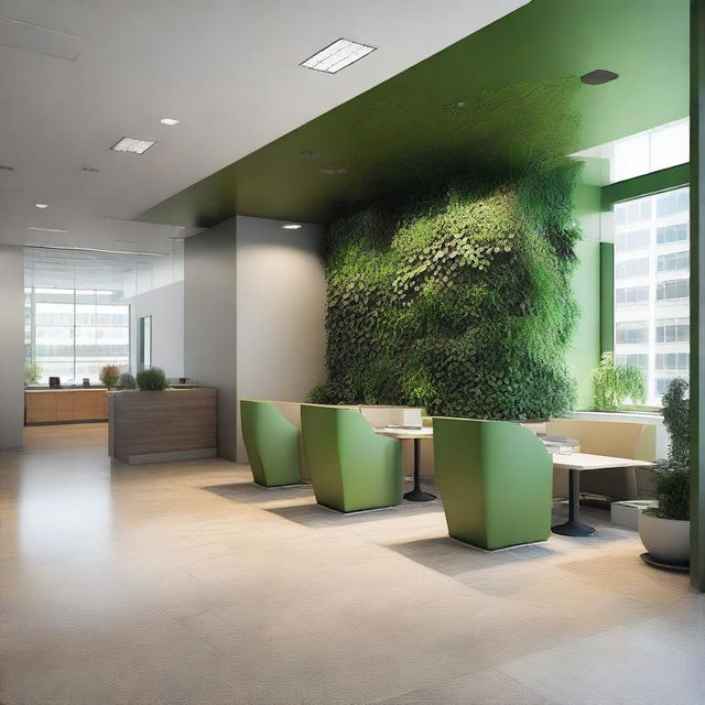 Create an image of the interior of office spaces in a building, featuring details that indicate the company is Earthgy