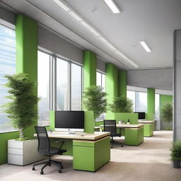 Create an image of the interior of office spaces in a building, featuring details that indicate the company is Earthgy