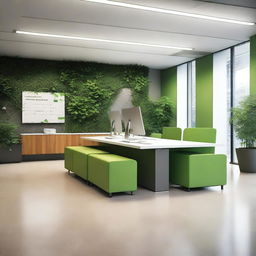 Create an image of the interior of office spaces in a building, featuring details that indicate the company is Earthgy