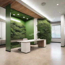 Create an image of the interior of office spaces in a building, featuring details that indicate the company is Earthgy