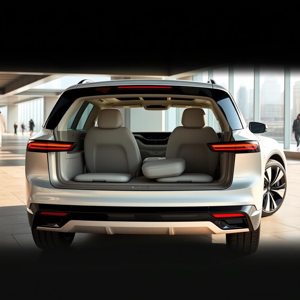 A sleek, futuristic electric luxury SUV with three rows of seats