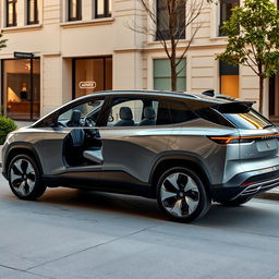 A sleek, futuristic electric luxury SUV with three rows of seats