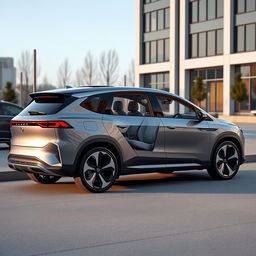 A sleek, futuristic electric luxury SUV with three rows of seats