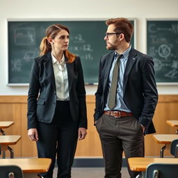 A female and male teacher standing in a classroom, looking angrily at each other