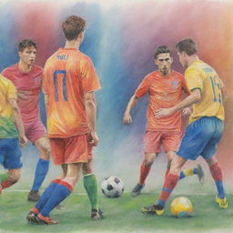 Transform the previous image of footballers studying about respect into a vivid, hand-drawn illustration using colorful pencil strokes.