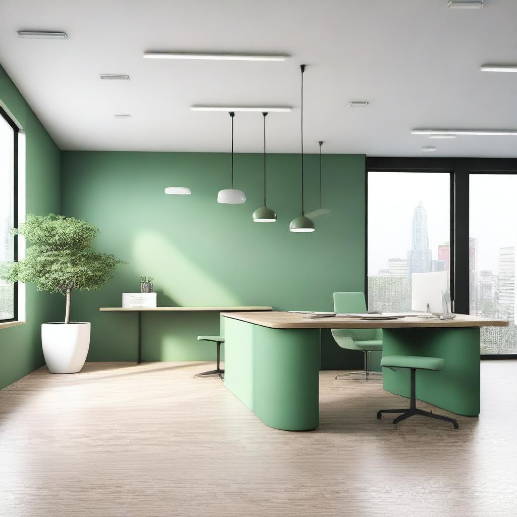 Create an image of the interior of office spaces for the company Earthgy, using soft green tones