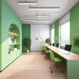 Create an image of the interior of office spaces for the company Earthgy, using soft green tones