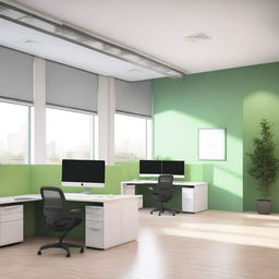 Create an image of the interior of office spaces for the company Earthgy, using soft green tones