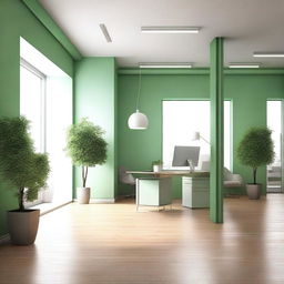 Create an image of the interior of office spaces for the company Earthgy, using soft green tones