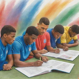 Transform the previous image of footballers studying about respect into a vivid, hand-drawn illustration using colorful pencil strokes.