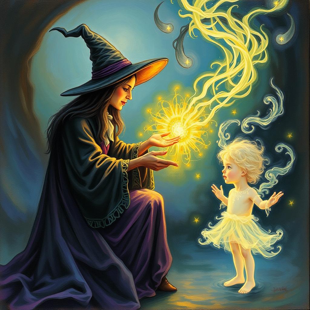 A witch casting a spell of illusions on a person's inner child, with mystical energies swirling around them