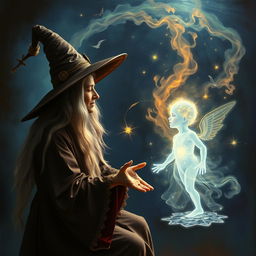 A witch casting a spell of illusions on a person's inner child, with mystical energies swirling around them