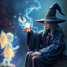 A witch casting a spell of illusions on a person's inner child, with mystical energies swirling around them