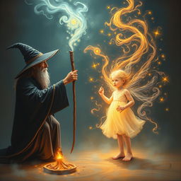 A witch casting a spell of illusions on a person's inner child, with mystical energies swirling around them