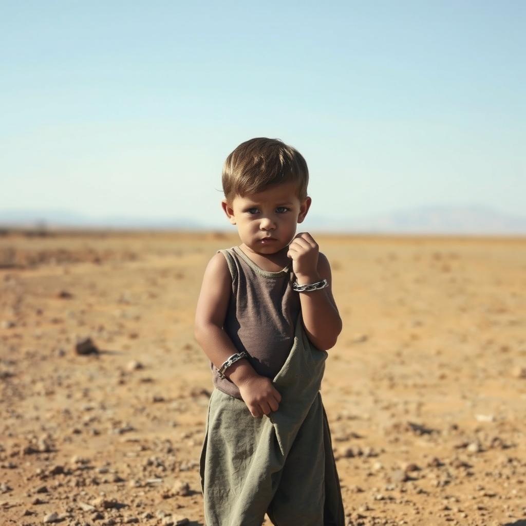 A child with shackles on their wrists, standing alone in the middle of nowhere