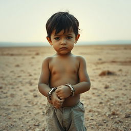 A child with shackles on their wrists, standing alone in the middle of nowhere