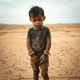 A child with shackles on their wrists, standing alone in the middle of nowhere