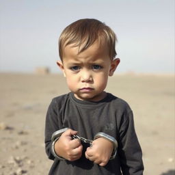 A child with shackles on their wrists, standing alone in the middle of nowhere