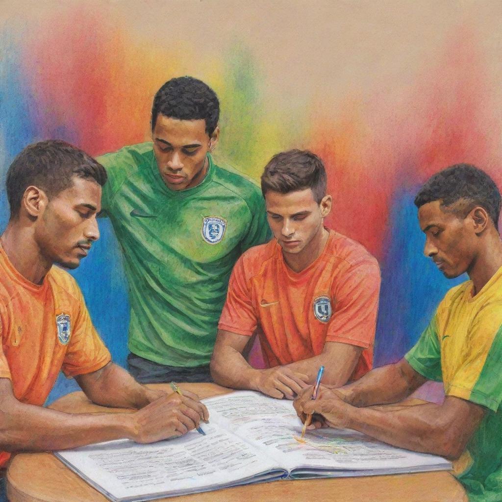 Transform the previous image of footballers studying about respect into a vivid, hand-drawn illustration using colorful pencil strokes.