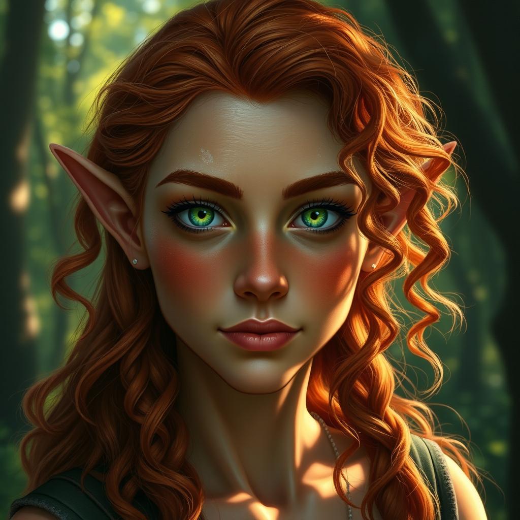 A detailed portrait of a wood elf with copper-hued skin, bright green eyes, and long curly red hair