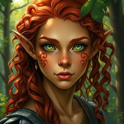 A detailed portrait of a wood elf with copper-hued skin, bright green eyes, and long curly red hair