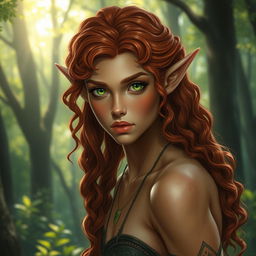 A detailed portrait of a wood elf with copper-hued skin, bright green eyes, and long curly red hair